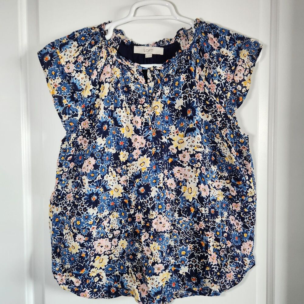 LOFT Floral Blouse Medium Blue Yellow Boho Tie Neck Cap Sleeve Button Up 1/4 Top